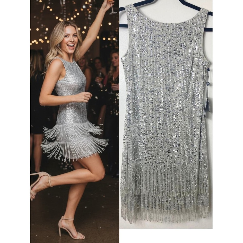 Adrianna Papell Silver Fringe Dress Sequin Beaded Wedding Guest Cocktail